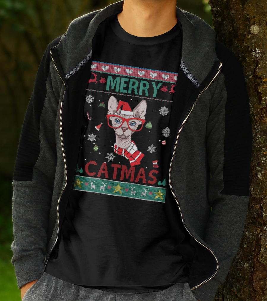 Merry Catmas Sphynx Cat With Santa Hat And Glasses For Christmas T-Shirt
