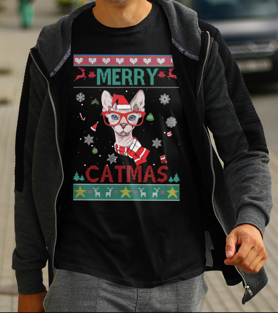 Merry Catmas Sphynx Cat With Santa Hat And Glasses For Christmas T-Shirt