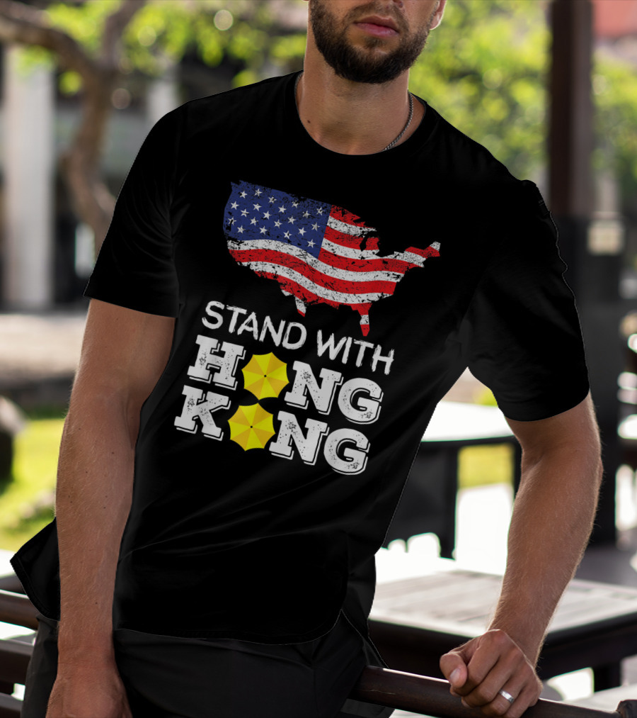 Stand With Hong Kong Strong American Flag Yellow Umbrella T-Shirt
