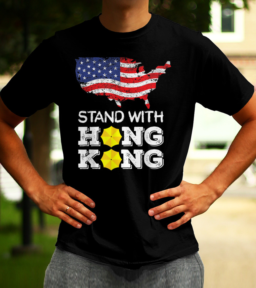 Stand With Hong Kong Strong American Flag Yellow Umbrella T-Shirt
