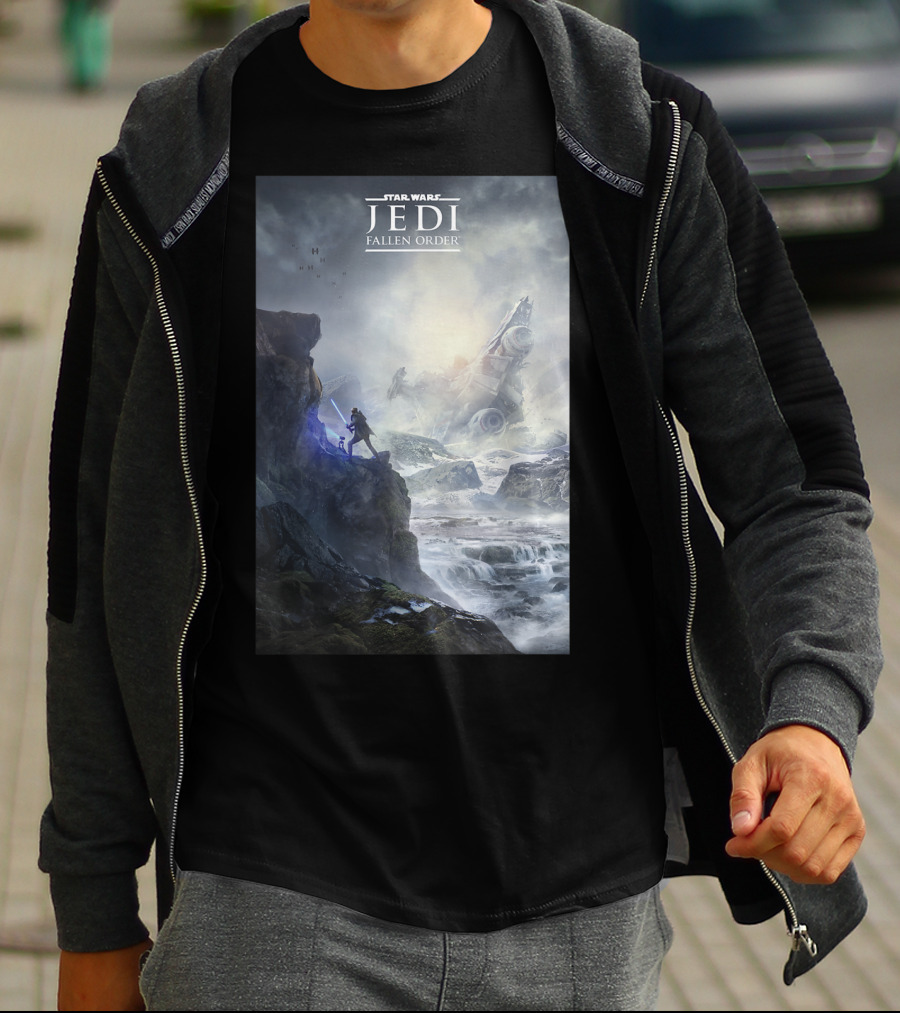 Star Wars Jedi Fallen Order Scenic Battle With Stormtrooper And Ruins T-Shirt