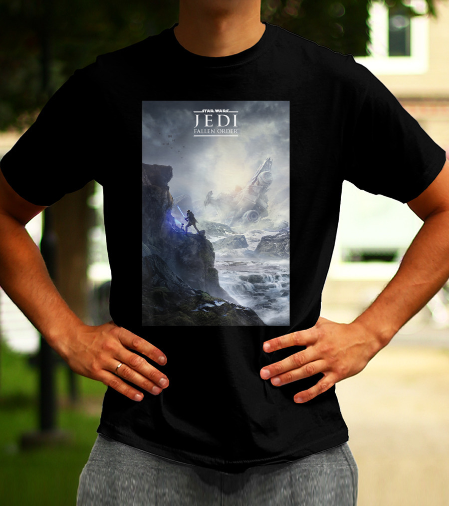 Star Wars Jedi Fallen Order Scenic Battle With Stormtrooper And Ruins T-Shirt