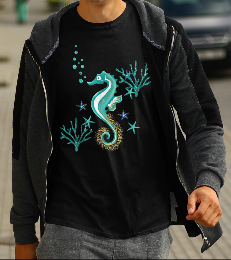 Turquoise Seahorse Ocean Coral And Starfish T-Shirt