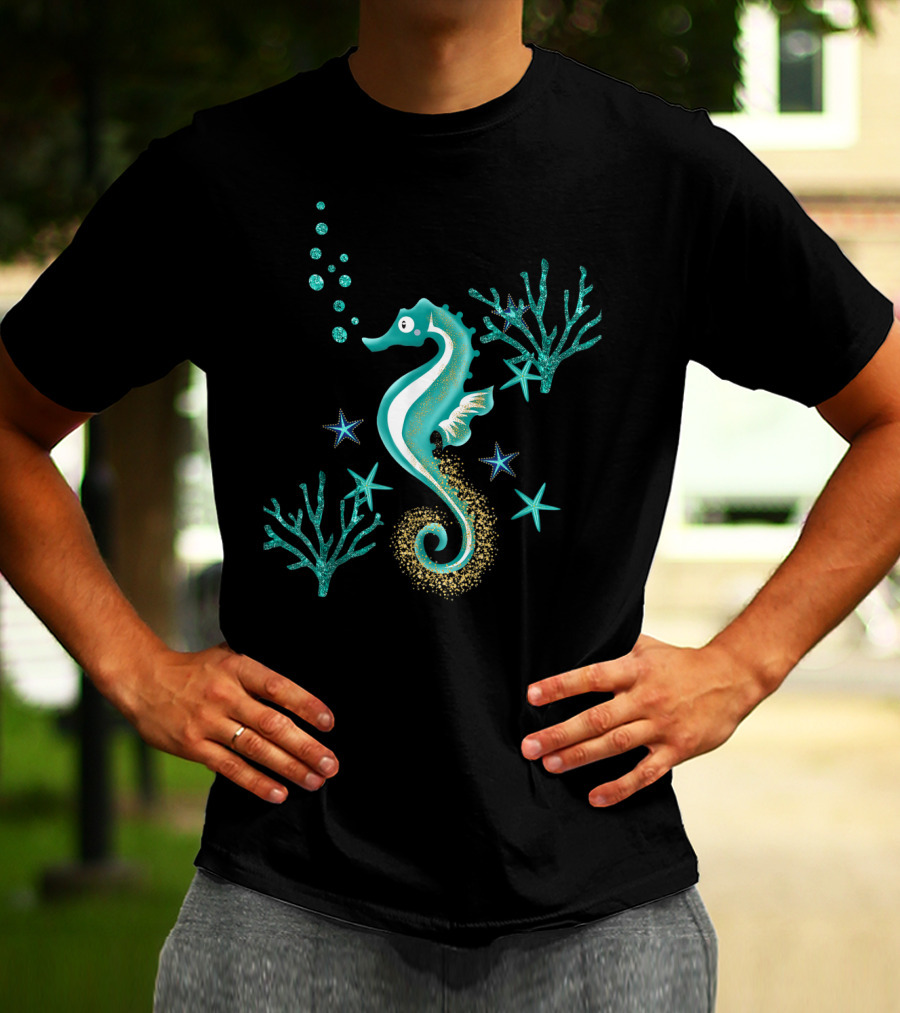 Turquoise Seahorse Ocean Coral And Starfish T-Shirt