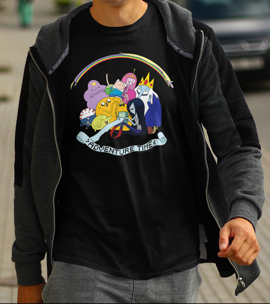 Adventure Time Characters Group With Rainbow And Script Banner T-Shirt