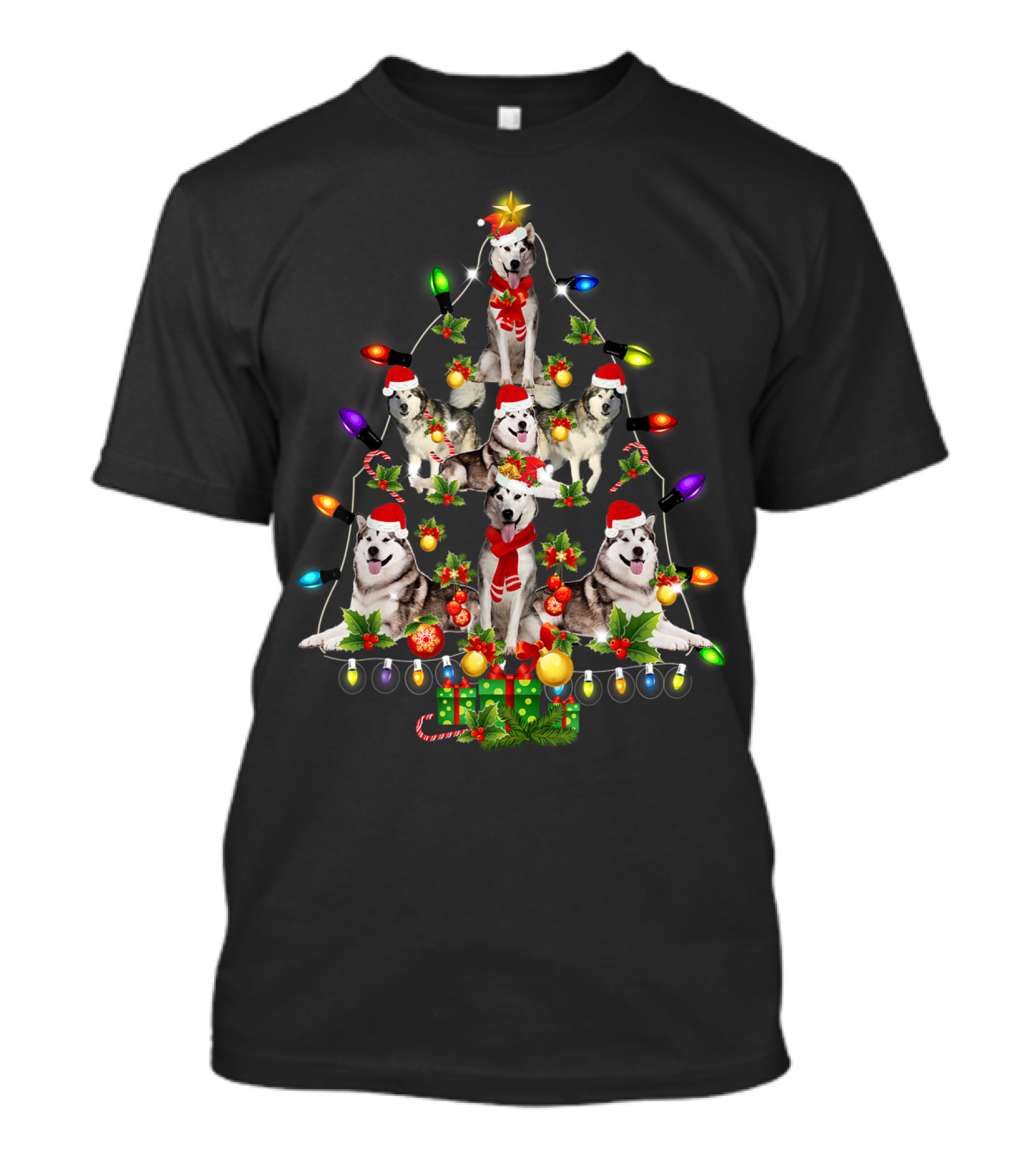 Alaskan Malamute Christmas Tree With Funny Dogs And Festive Lights T-Shirt
