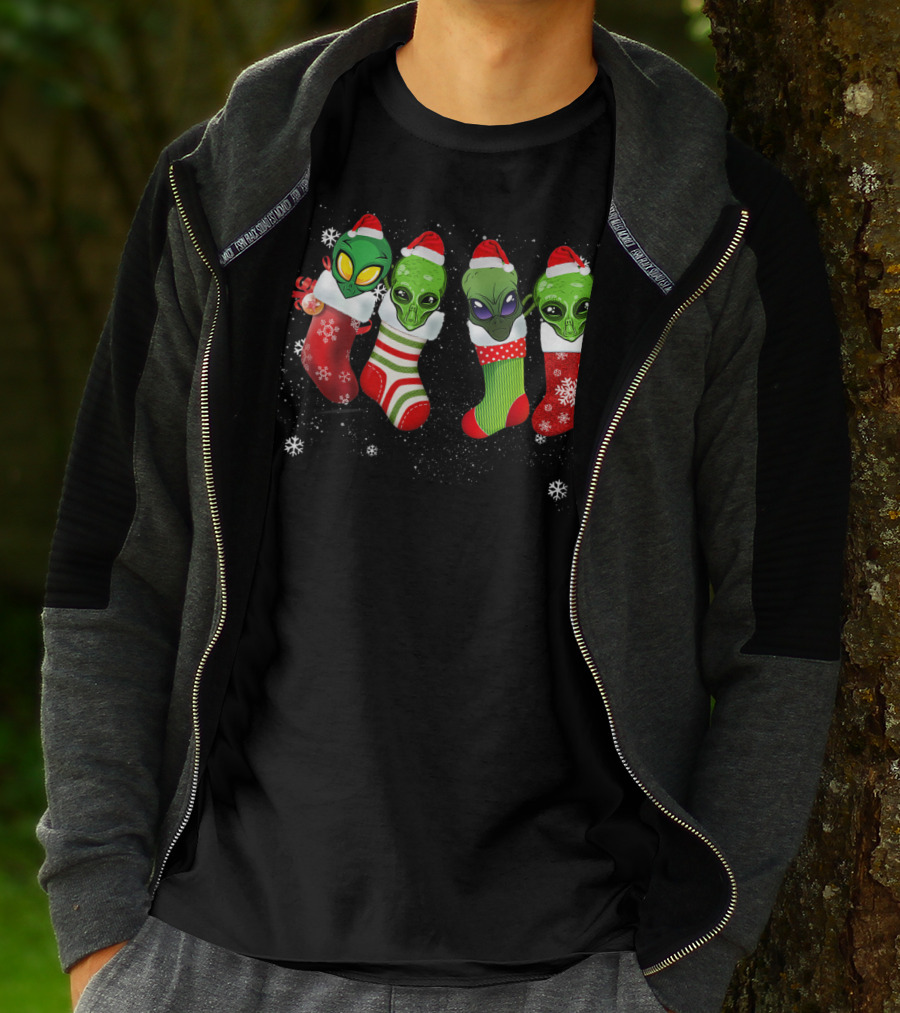 Aliens Wearing Santa Hats In Christmas Stockings With Snowflakes T-Shirt