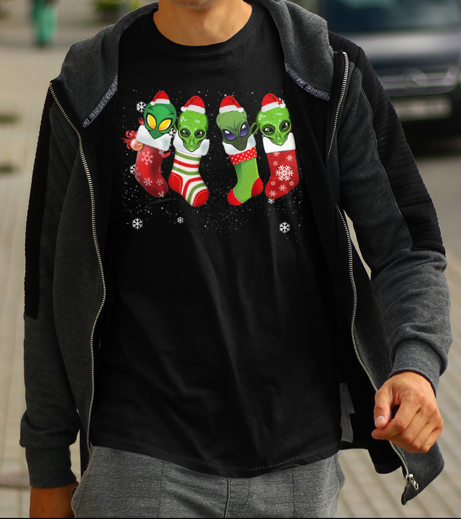 Aliens Wearing Santa Hats In Christmas Stockings With Snowflakes T-Shirt