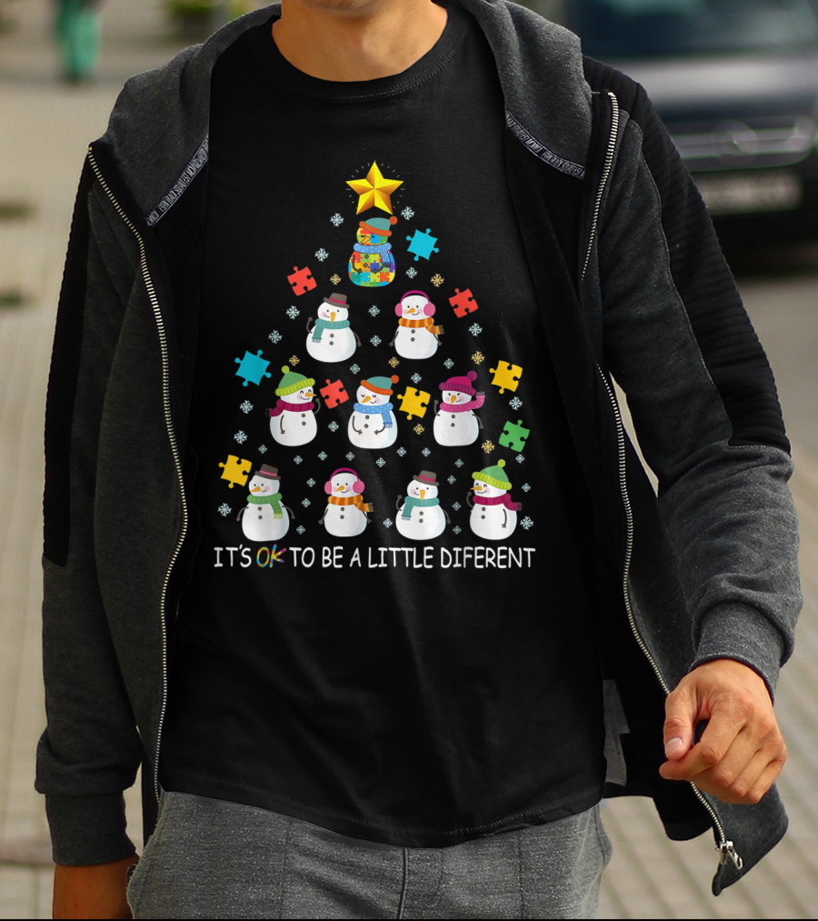 IT'S OK TO BE A LITTLE DIFERENT Snowman Autism Puzzle Tree T-Shirt