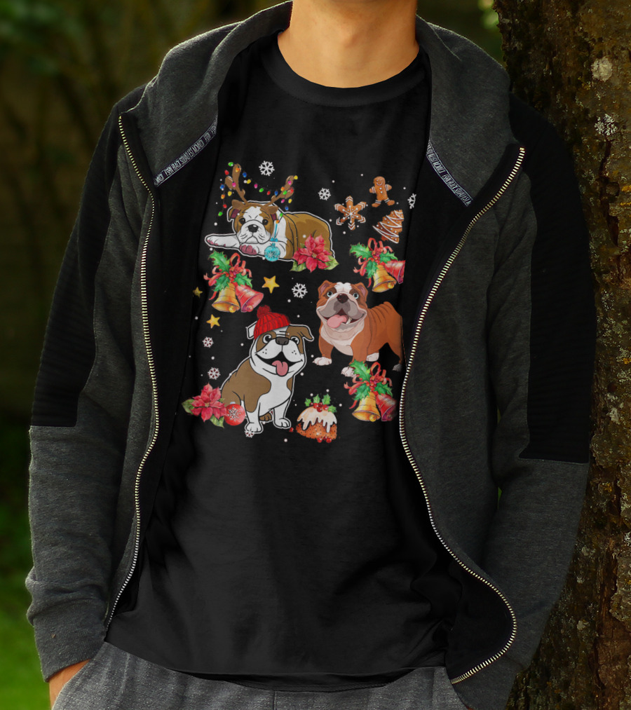 Bulldog Christmas Ornament Decoration With Bells And Gingerbread T-Shirt