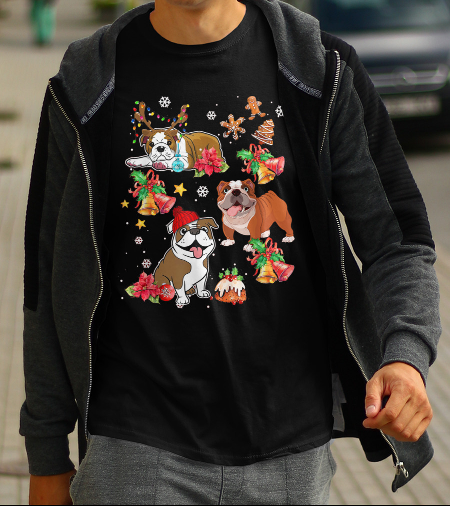 Bulldog Christmas Ornament Decoration With Bells And Gingerbread T-Shirt
