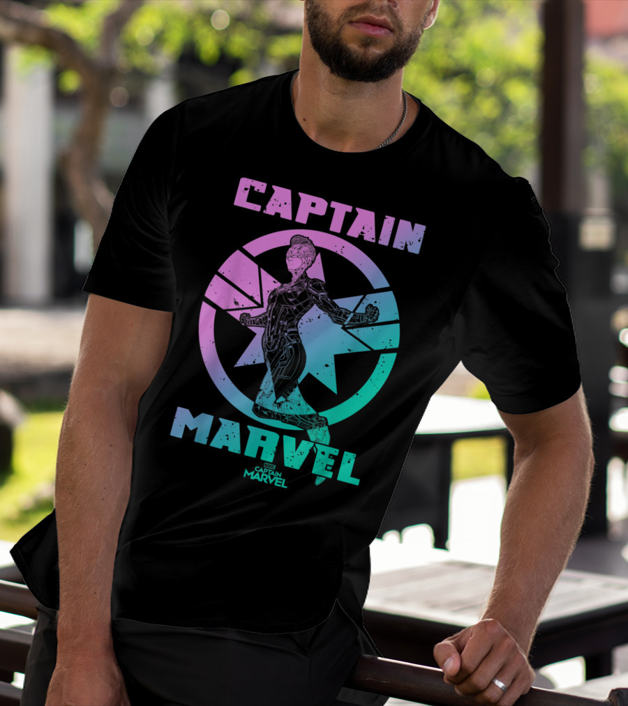 Captain Marvel Star Emblem Spectrum Heroine Pose T-Shirt