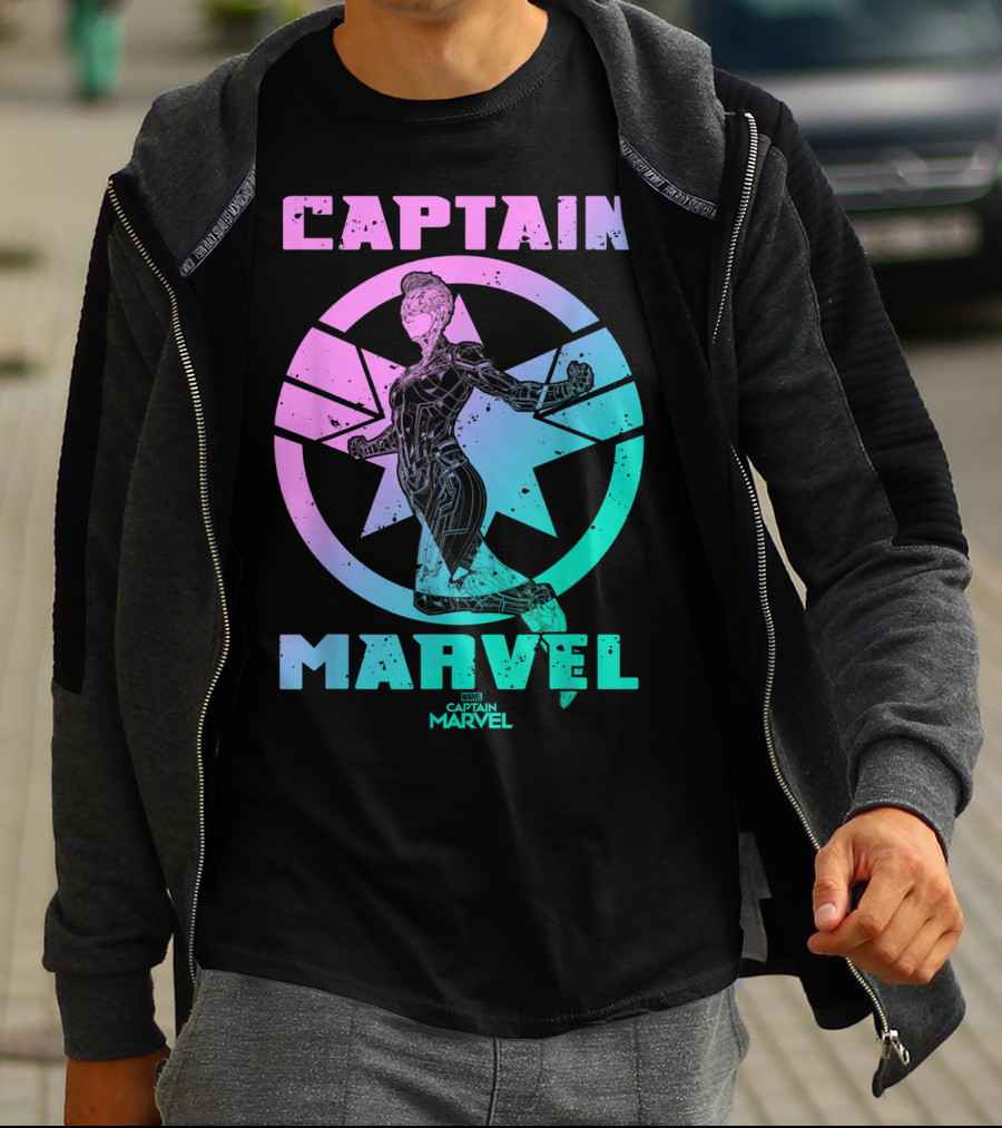 Captain Marvel Star Emblem Spectrum Heroine Pose T-Shirt