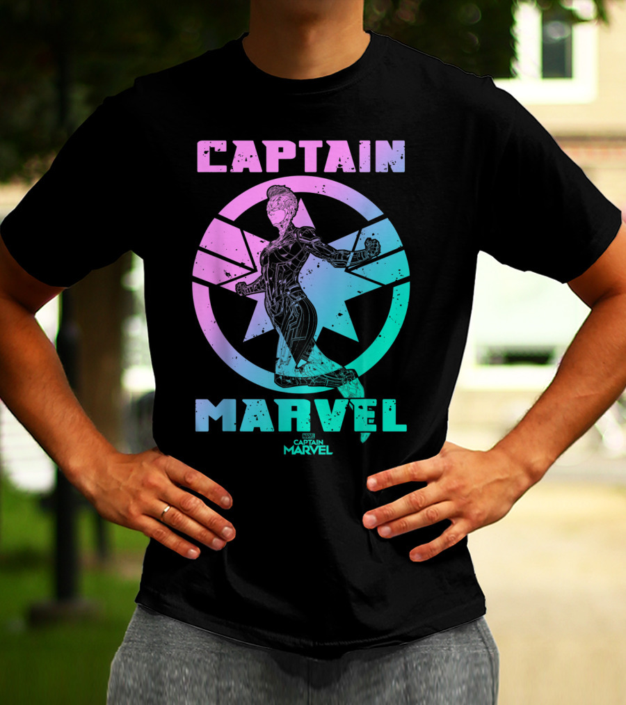 Captain Marvel Star Emblem Spectrum Heroine Pose T-Shirt