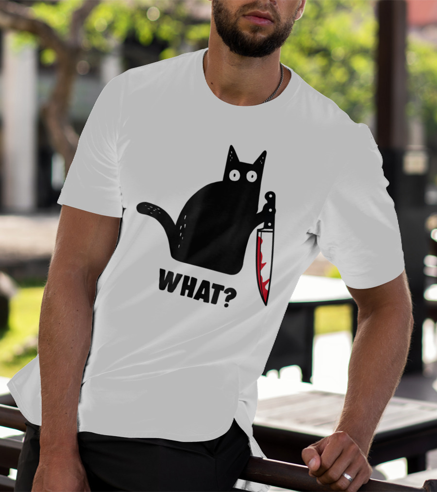 Funny Black Cat With Knife And What? T-Shirt