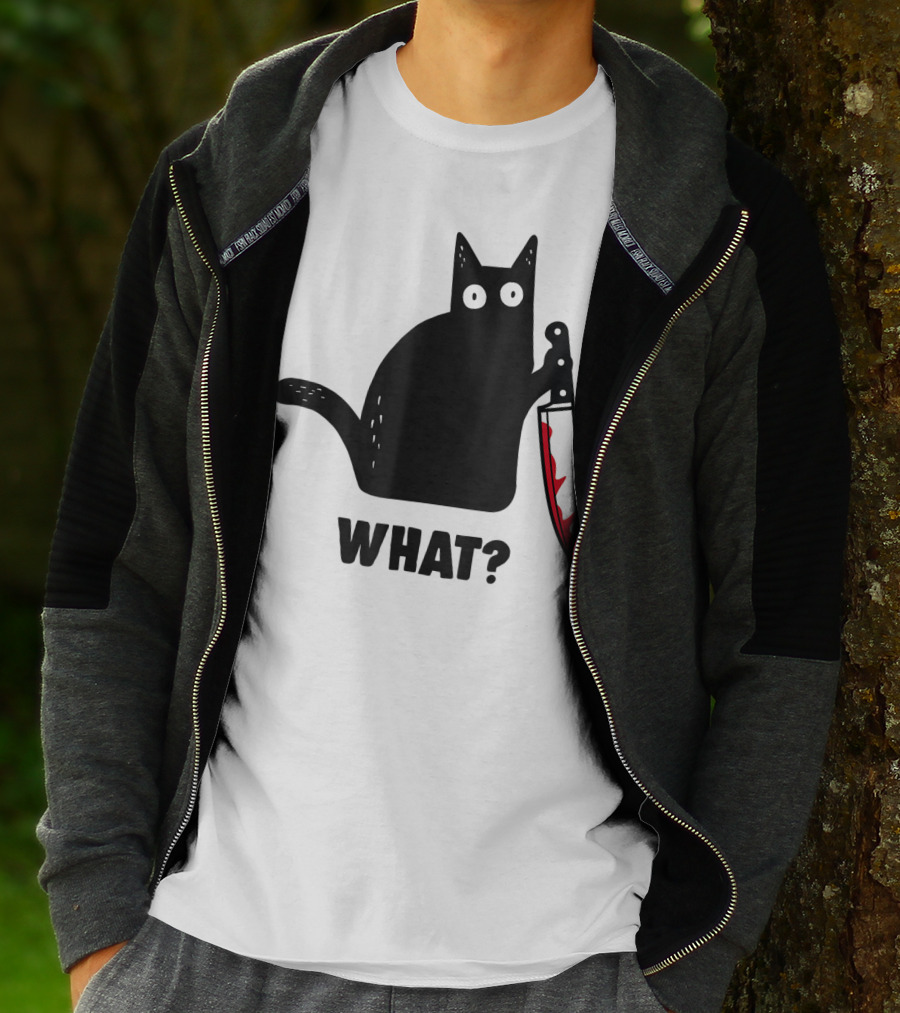 Funny Black Cat With Knife And What? T-Shirt