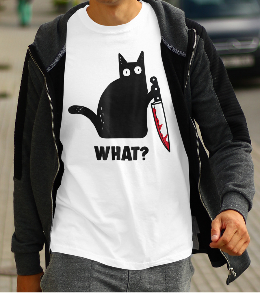 Funny Black Cat With Knife And What? T-Shirt