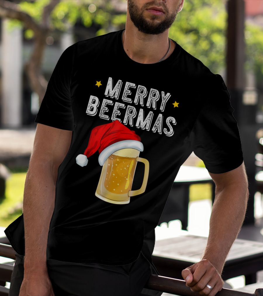 Merry Beermas Christmas Beer Santa Hat Beer Mug T-Shirt