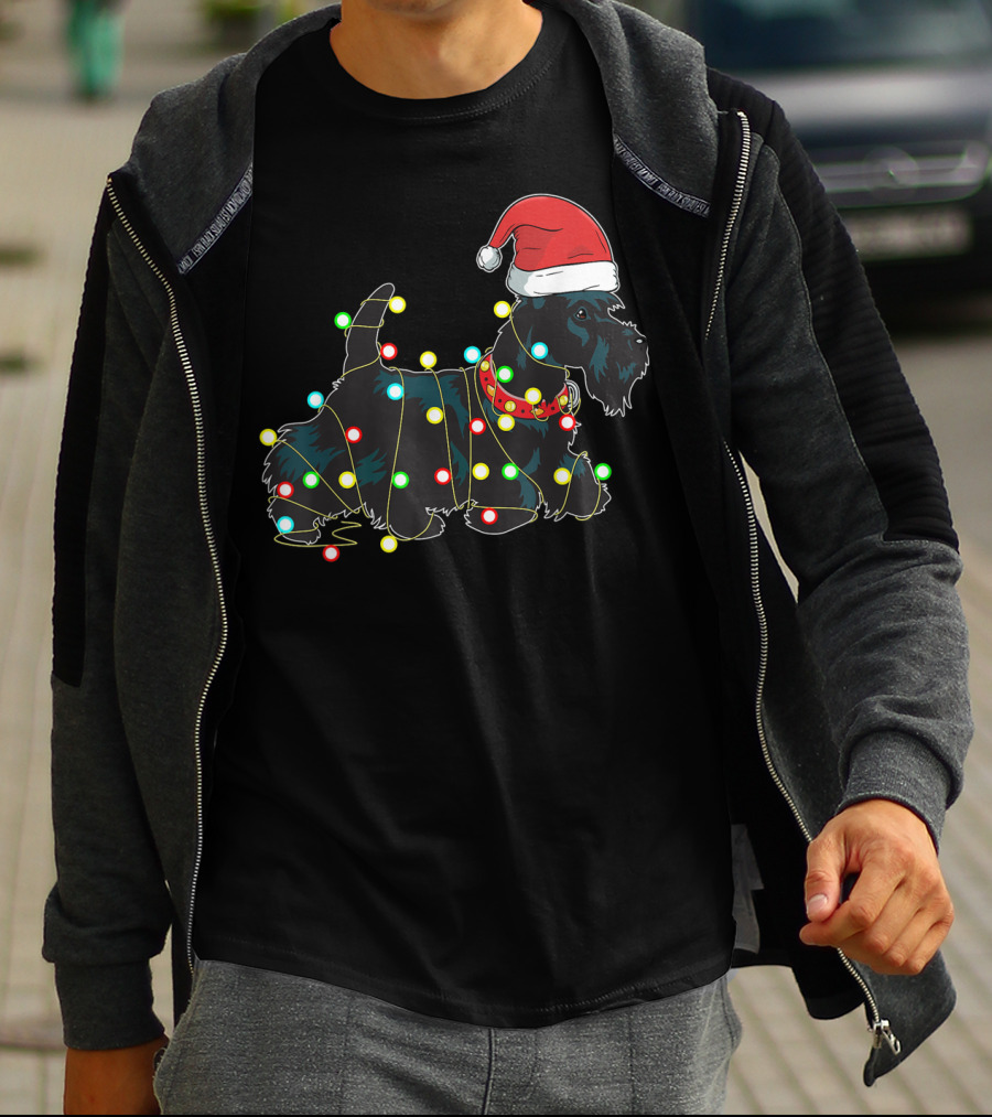 Scottish Terrier Wrapped In Christmas Lights And Santa Hat T-Shirt