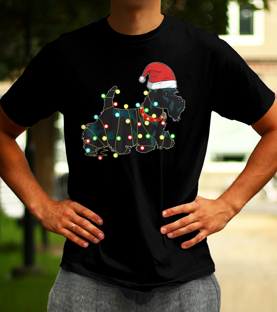 Scottish Terrier Wrapped In Christmas Lights And Santa Hat T-Shirt