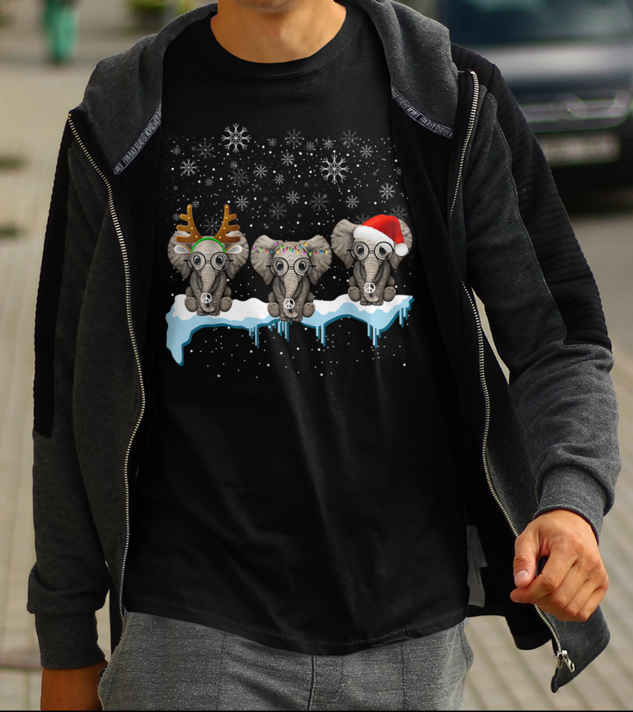 Christmas Three Hippie Elephants With Reindeer Antlers Santa Hat Peace Signs Snowflakes T-Shirt