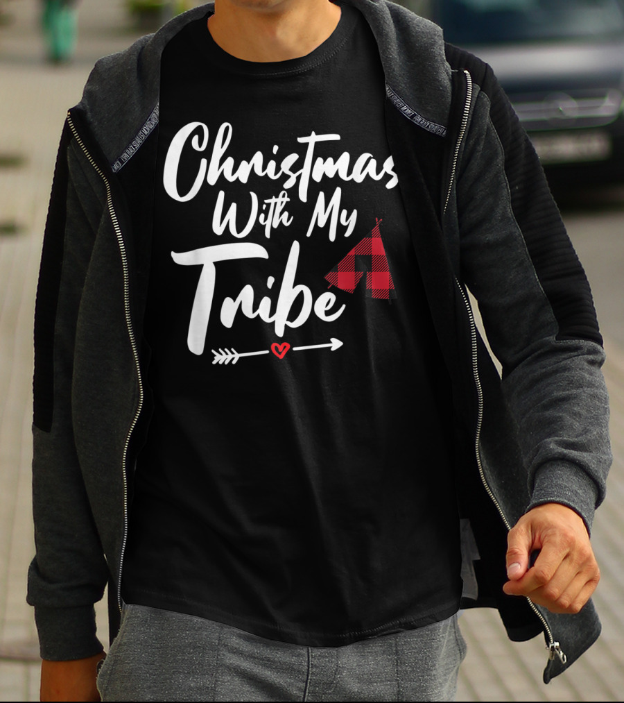Christmas With My Tribe Buffalo Plaid Family Tent Arrow Heart T-Shirt
