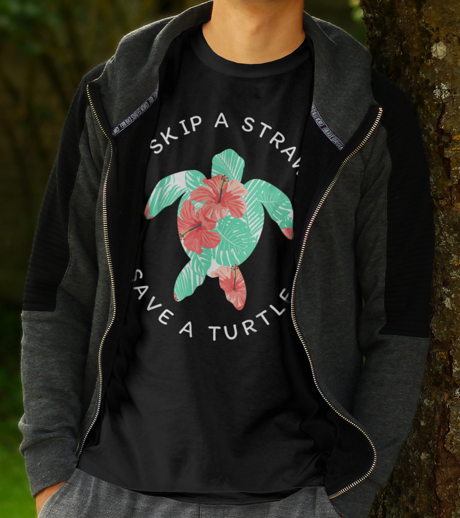 Skip A Straw Save A Turtle Hawaiian Floral Conservation T-Shirt