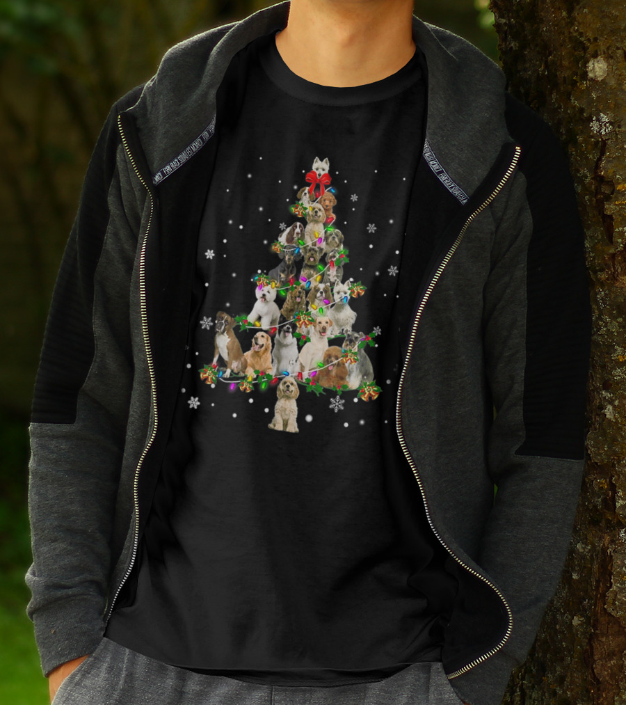 Cute Dogs Xmas Christmas Tree Decor With Festive Holiday Lights T-Shirt