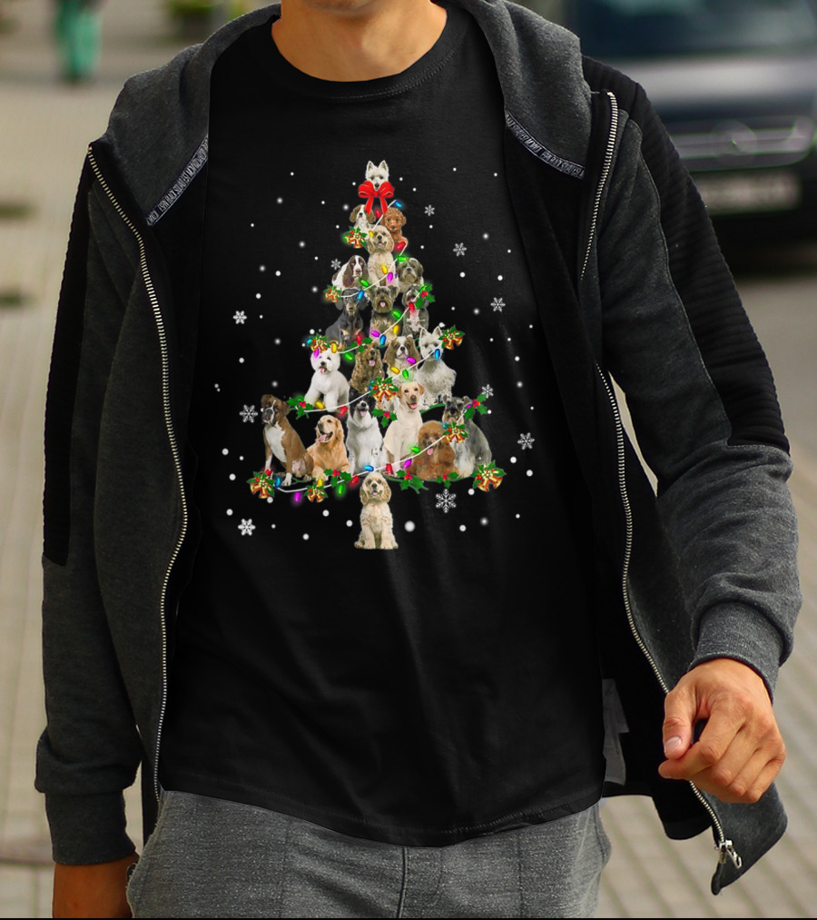 Cute Dogs Xmas Christmas Tree Decor With Festive Holiday Lights T-Shirt