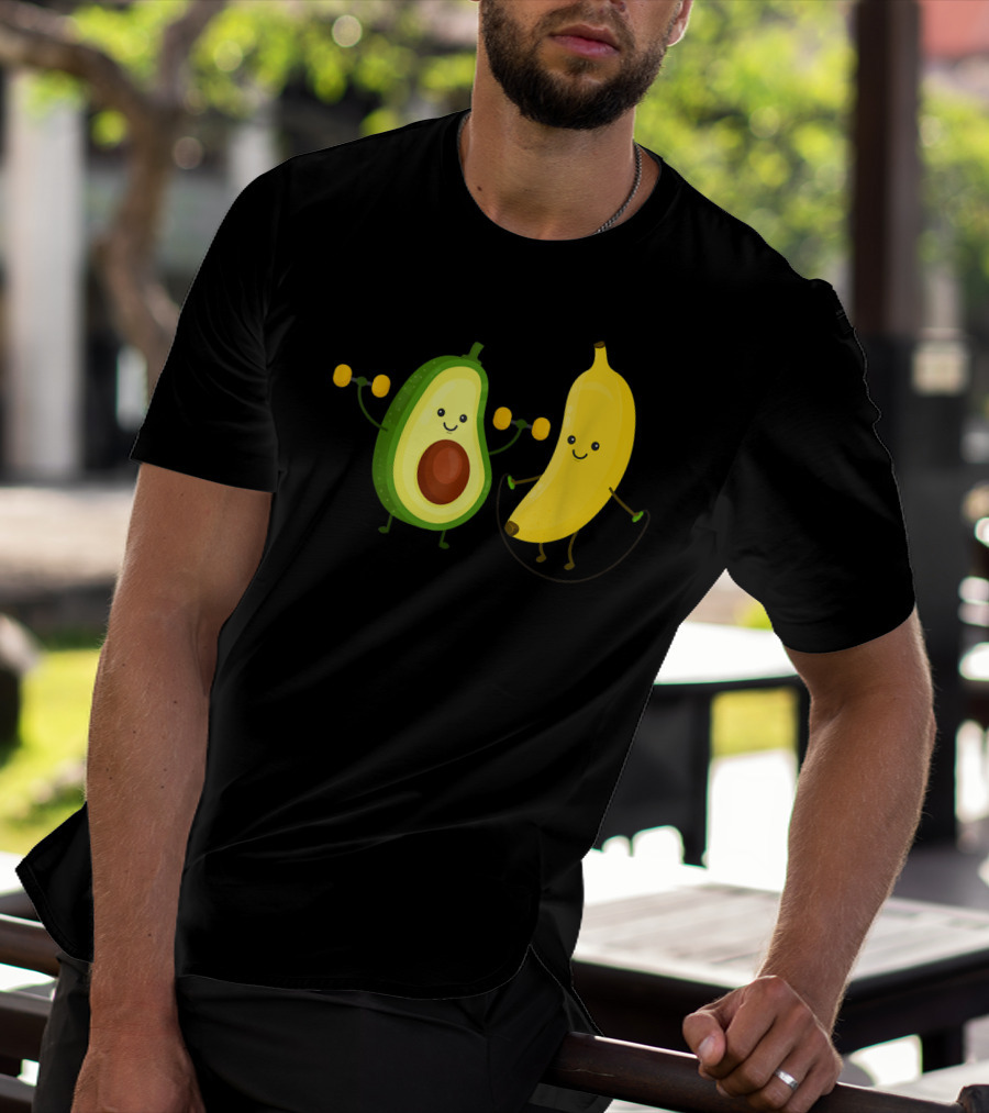 Cute Happy Smiling Banana And Avocado Exercising Together T-Shirt