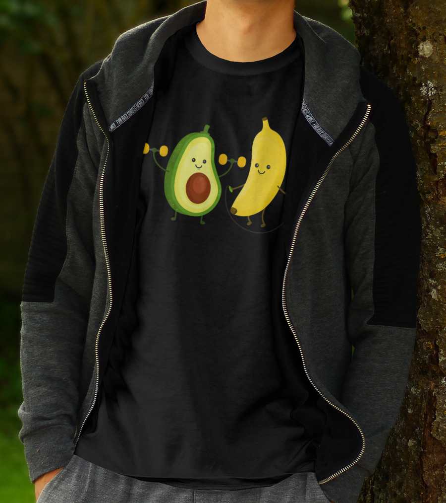 Cute Happy Smiling Banana And Avocado Exercising Together T-Shirt