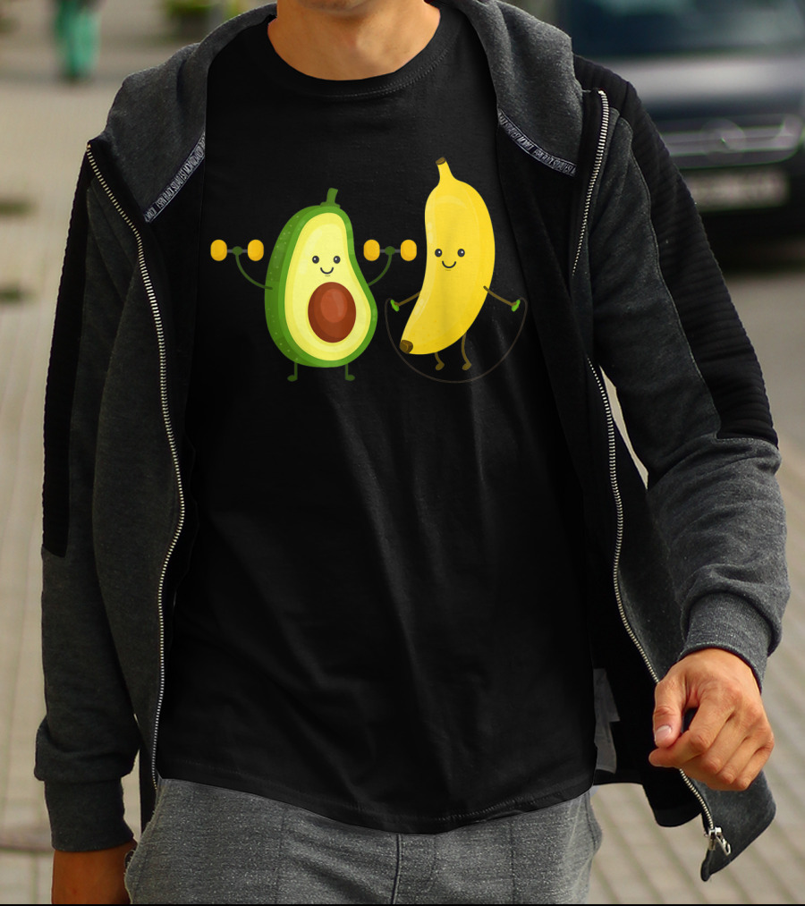 Cute Happy Smiling Banana And Avocado Exercising Together T-Shirt