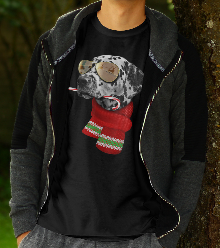 Dalmatian Christmas Dog With Candy Cane And Santa Sunglasses T-Shirt