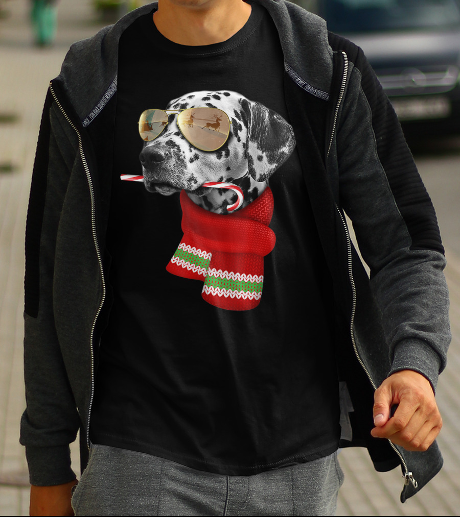 Dalmatian Christmas Dog With Candy Cane And Santa Sunglasses T-Shirt