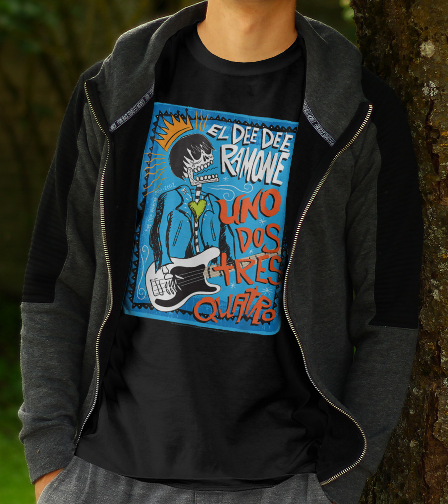 El Dee Dee Ramone Uno Dos Tres Quatro Skull Art With Crown And Heart Guitar T-Shirt