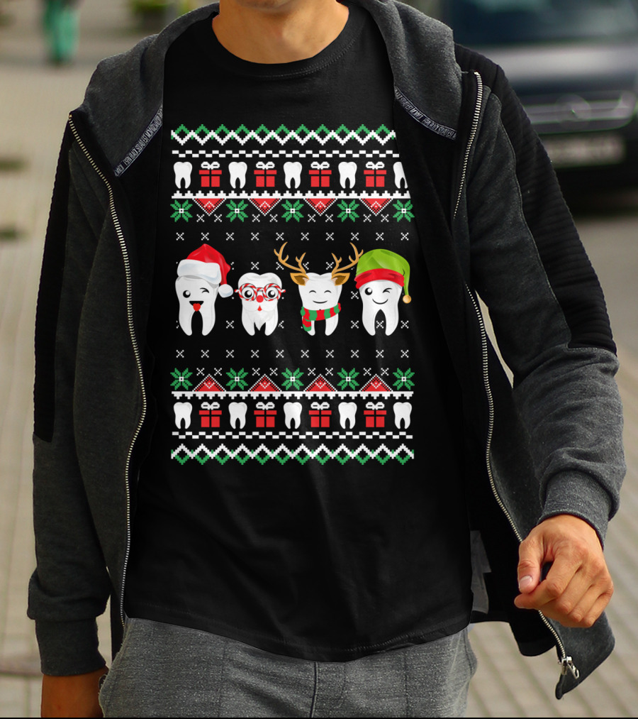 Dentist Ugly Christmas Teeth Santa Reindeer Glasses T-Shirt