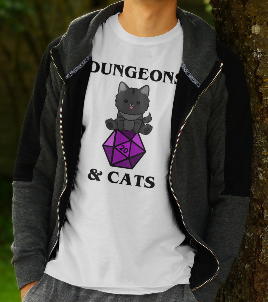 Dungeons And Cats Nerdy RPG Cat Sitting On D20 Dice T-Shirt