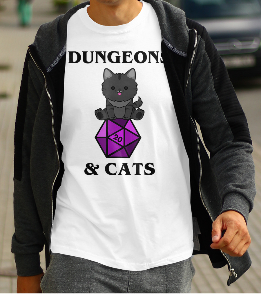 Dungeons And Cats Nerdy RPG Cat Sitting On D20 Dice T-Shirt