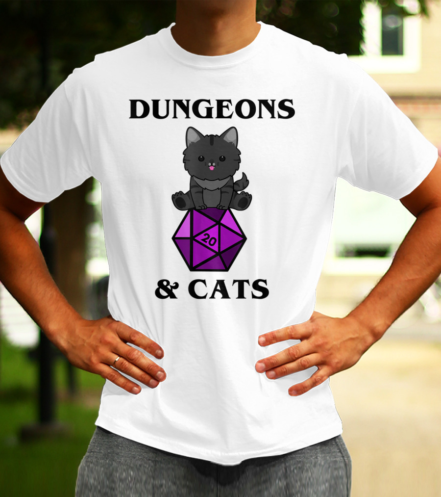 Dungeons And Cats Nerdy RPG Cat Sitting On D20 Dice T-Shirt