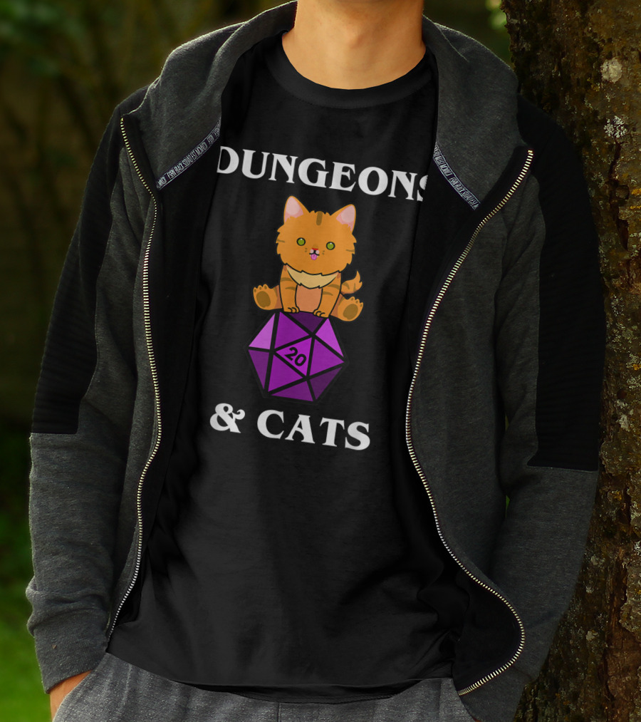Dungeons And Cats Orange Cat On Purple D20 Dice T-Shirt