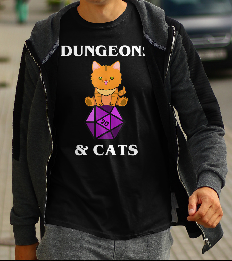 Dungeons And Cats Orange Cat On Purple D20 Dice T-Shirt