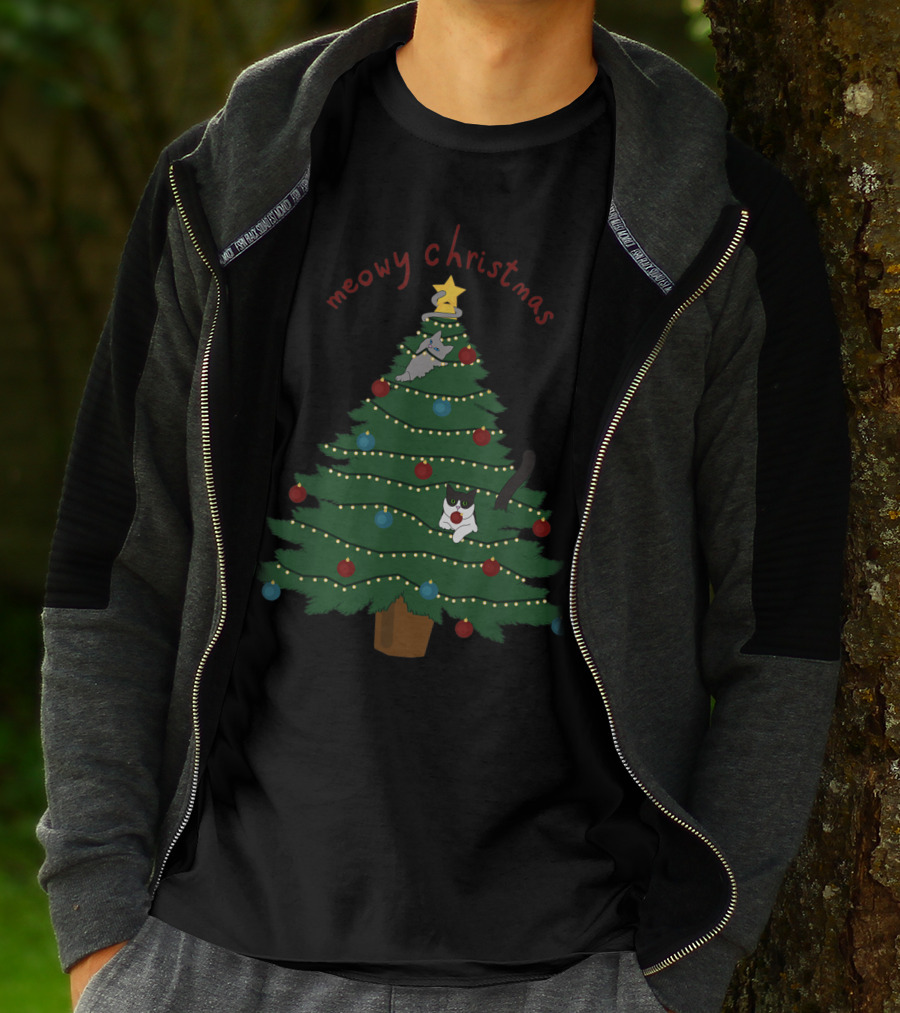 Meowy Christmas Funny Cats In Christmas Tree T-Shirt