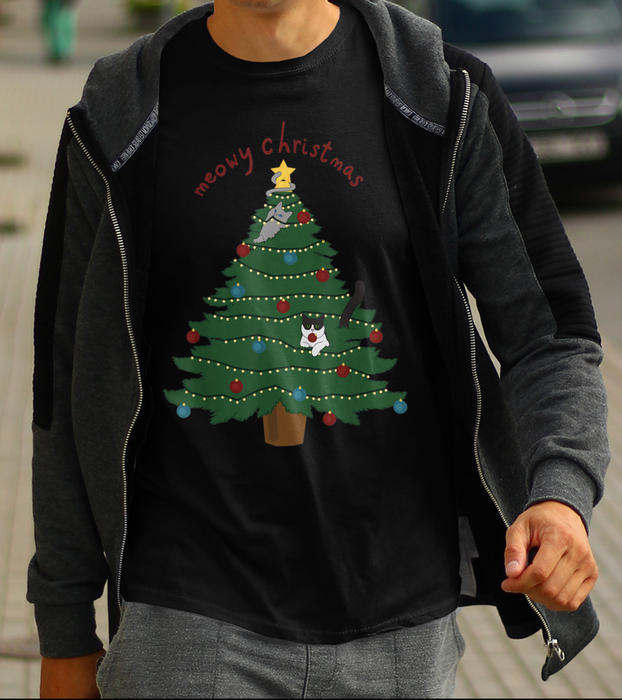 Meowy Christmas Funny Cats In Christmas Tree T-Shirt