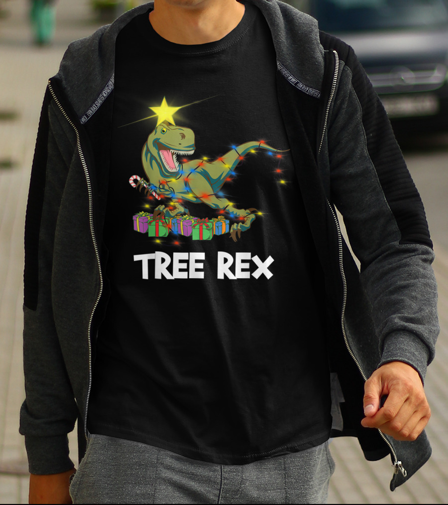 Tree Rex Christmas Dinosaur With Star And Gift Lights T-Shirt
