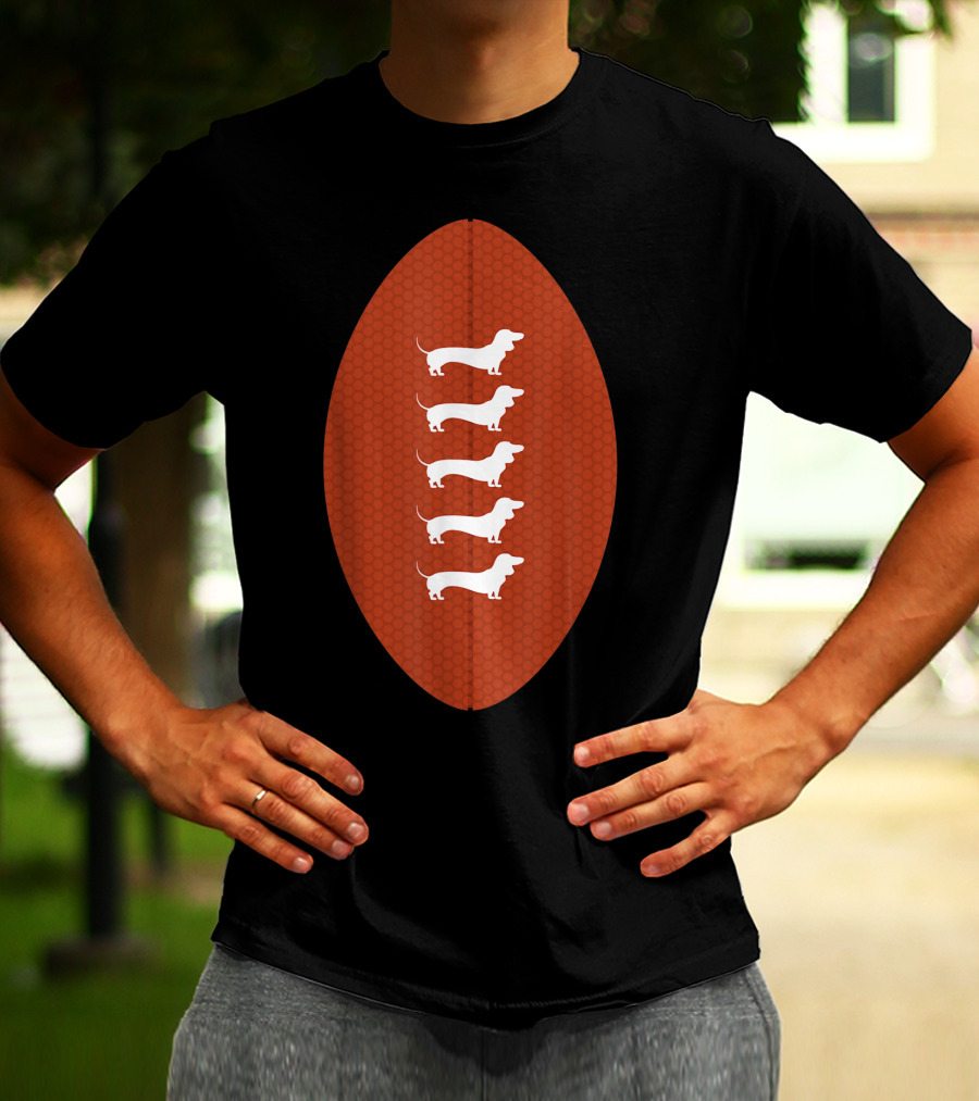 Funny Dachshund Wiener Dog Football Oval Five White Silhouettes On Textured Brown Background T-Shirt