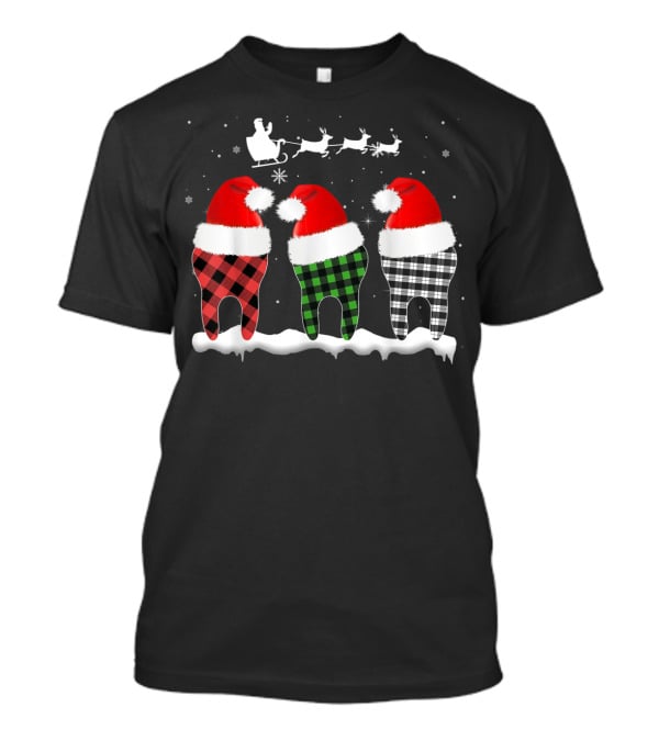 Funny Dentist Hygienists Christmas Pajama Santa Tooth Plaid T-Shirt