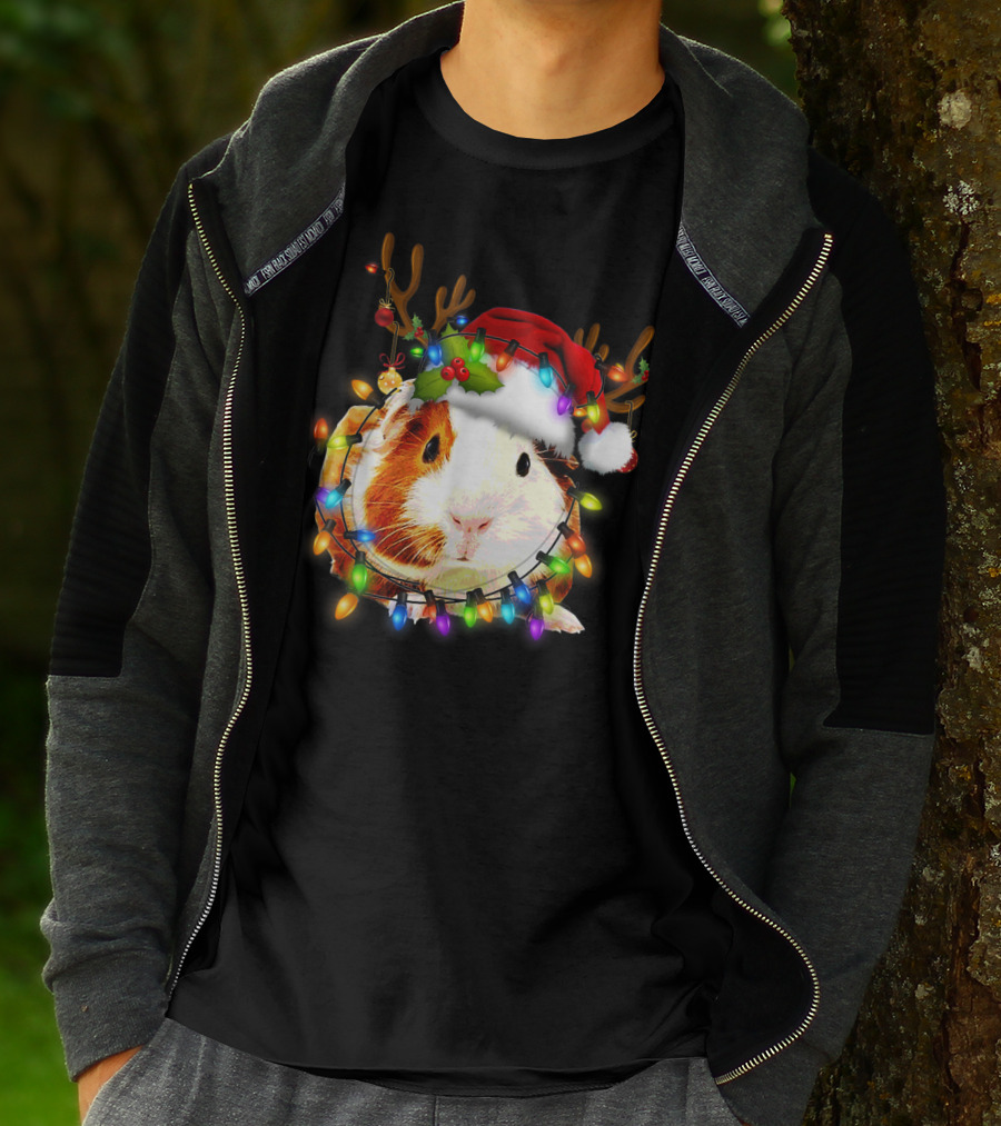Guinea Pig With Christmas Lights And Reindeer Antlers In Santa Hat T-Shirt