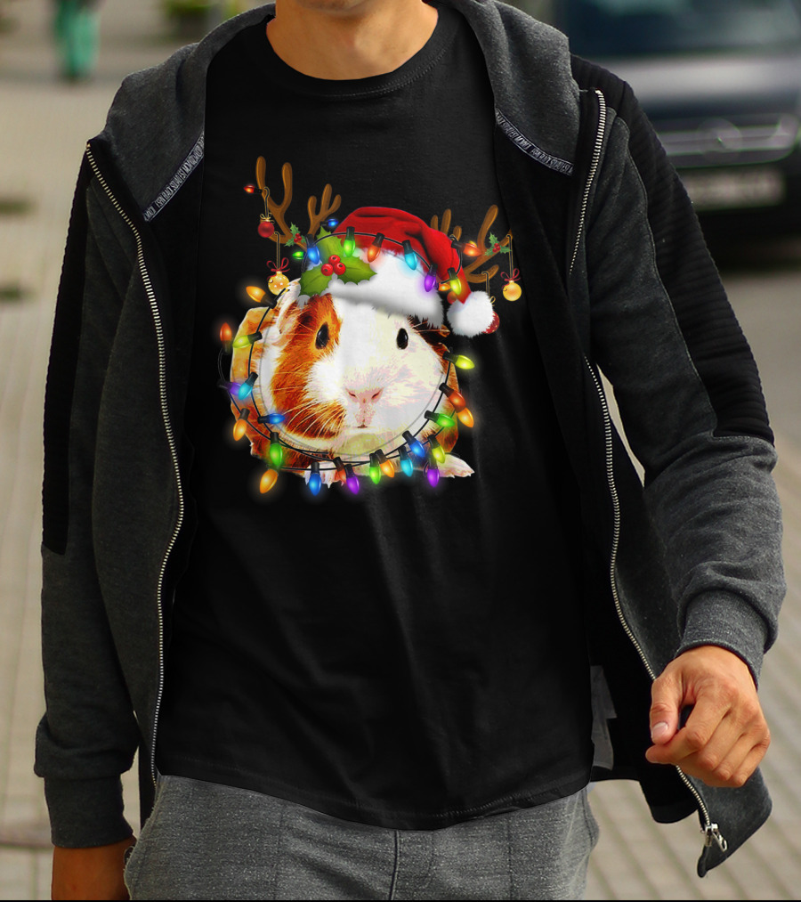 Guinea Pig With Christmas Lights And Reindeer Antlers In Santa Hat T-Shirt