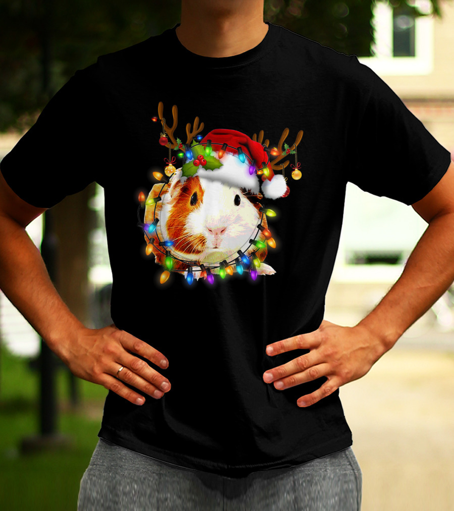Guinea Pig With Christmas Lights And Reindeer Antlers In Santa Hat T-Shirt