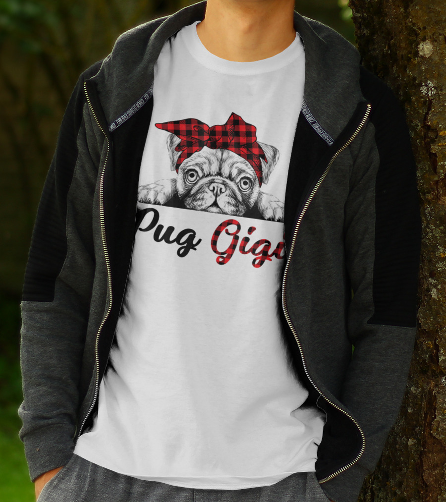 Pug Gigi Red Plaid Headband T-Shirt